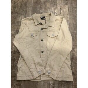 NWT Victorious‎ World Tour Denim Trucker Jacket Large Cream Distressed Patches